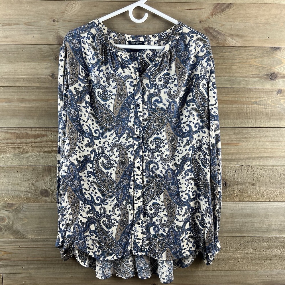 Lucky Brand Womens Shirt Long Sleeve Button Up Paisley Sheer Boho Crew Neck XL